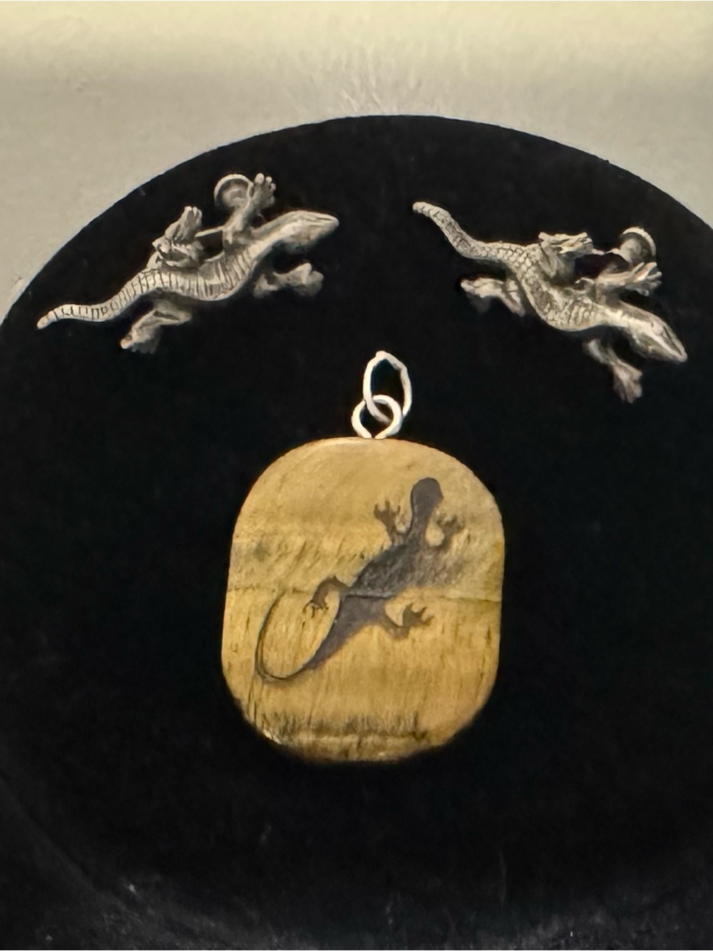 Vintage Southwestern Sterling Lizard Earrings & Tiger Eye Pendant w/ Lizard